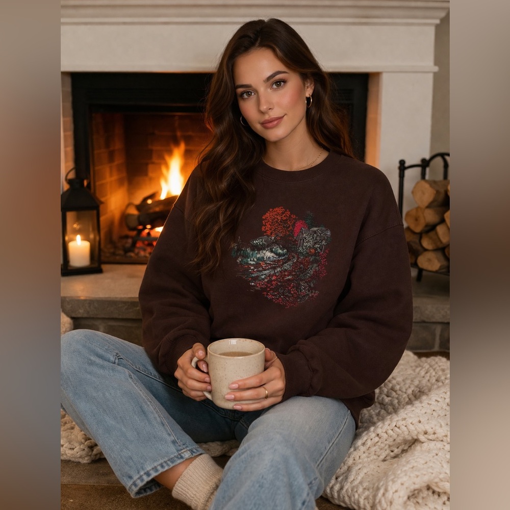 4/$20 Northern Reflections Dark Brown Graphic Crewneck Sweater